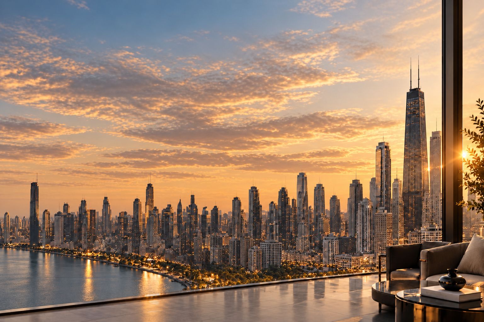 The Chicago skyline at sunset from a high-rise.