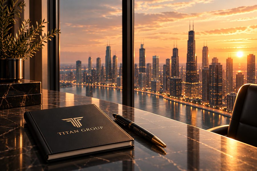 A gold-embossed Titan Group portfolio and pen on a marble desk, overlooking the Chicago skyline at sunset.